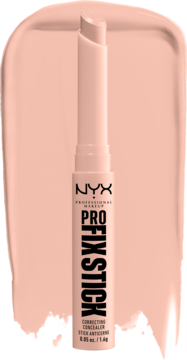 NYX Pro Fix korektor w sztyfcie, odcień 02 pink, widok z przodu, na tle pasującej smugi produktu.