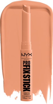 NYX Pro Fix Stick 04 dark peach, korygujący korektor w sztyfcie, kremowy, na tle smugi produktu.