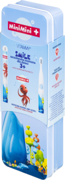 Vitammy SMILE szczoteczka soniczna dla dzieci 3+ w niebieskim opakowaniu z czerwoną ośmiornicą, widok z przodu i boku.