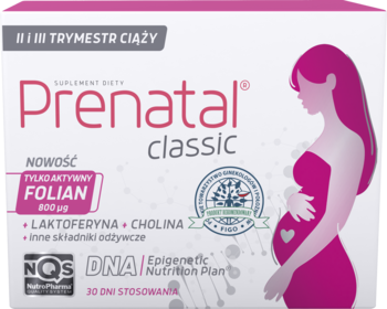Prenatal Classic, białe opakowanie suplementu dla ciężarnych, aktywny folian, laktoferyna, cholina, II i III trymestr.
