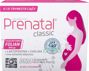 Suplement diety Prenatal Classic dla kobiet w II i III trymestrze ciąży, biało-różowe opakowanie z folianem i choliną.