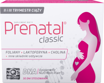 Białe pudełko suplementu Prenatal classic dla ciężarnych (II/III trymestr) z różową grafiką kobiety.