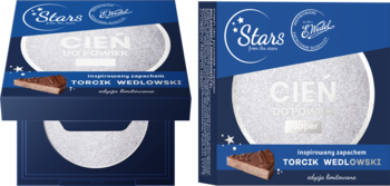 Dwa granatowe opakowania toppera Cień Stars x E. WEDEL, ze srebrnym kołem, zapach Torcik Wedlowski.
