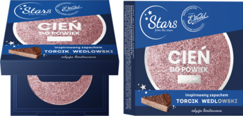 Granatowe opakowanie toppera do powiek Stars x Wedel, z różowo-beżowym, błyszczącym okręgiem i torcikiem.