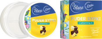 Sypki puder do twarzy Stars x E.WEDEL z witaminą C, w białym otwartym opakowaniu i kolorowym kartonie.