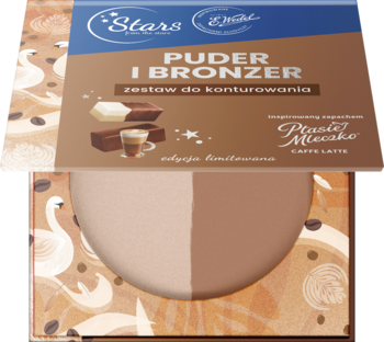 Paleta do konturowania Stars x Wedel Ptasie Mleczko Caffe Latte, otwarty puder i bronzer w brązach, widok z góry.