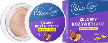 Otwarty szampańsko-złoty żelowy rozświetlacz Stars x Wedel Bajeczny i jego fioletowe opakowanie kartonowe.