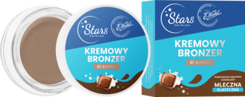 Kremowy bronzer Stars x E.WEDEL w otwartym słoiczku i opakowaniu, odcień 01 kontur, zapach mlecznej czekolady.