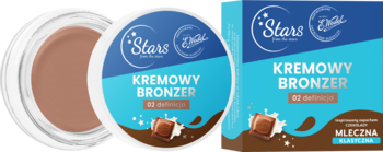 Kremowy bronzer Stars x E.WEDEL 02 definicja, otwarty słoiczek z brązową masą i grafiką czekolady.