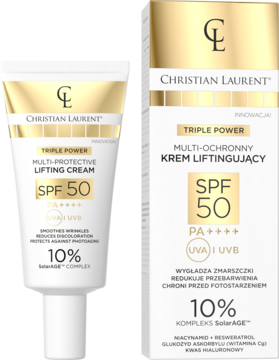 Christian Laurent Triple Power Multi-Protective Lifting Cream SPF 50 w białej tubce i złotym kartoniku, widok z przodu.