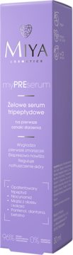 Miya myPREserum, fioletowe pudełko żelowego serum tripeptydowego na pierwsze oznaki starzenia, z przodu.