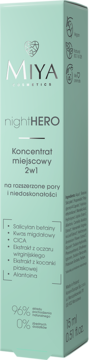 Jasnozielone opakowanie MIYA nightHERO Koncentratu 2w1 na pory i niedoskonałości, z przodu, z naturalnym składem.