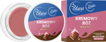 Róż w kremie Stars x E.WEDEL 01 Harmonia, otwarty słoiczek i pudełko z motywem czekolady.