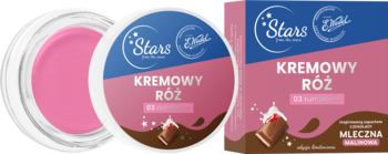Kremowy róż Stars x E.Wedel 03 Rumieniec w otwartym słoiczku i pudełku, inspirowany czekoladą malinową.