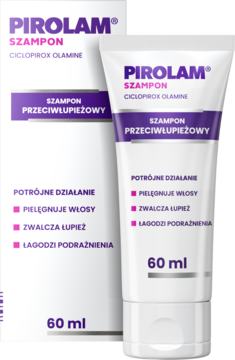 Pirolam Szampon przeciwłupieżowy w białej tubce z fioletowym napisem, stojąca przed pudełkiem, widok z przodu.
