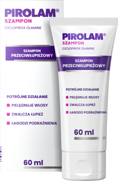 Pirolam Szampon przeciwłupieżowy w białej tubce z fioletowym napisem, stojąca przed pudełkiem, widok z przodu.