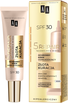 Odmładzający krem AA 5Repair Złota Kuracja SPF 30 w beżowej tubce i złotym kartoniku, widok z przodu.