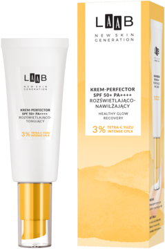 LAAB Krem-perfector SPF 50+ rozświetlający z Tetra-C Yuzu, biała tubka i żółto-białe opakowanie.