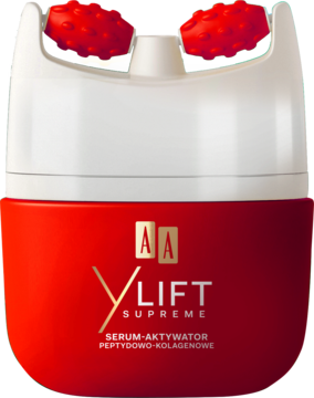 AA YLift Supreme peptydowo-kolagenowe serum do twarzy z masażerem. Czerwono-biała butelka z dwoma spiczastymi rolkami.