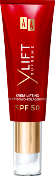 Czerwona tubka AA Lift Supreme SPF 50 krem-lifting peptydowo-kolagenowy z złotym napisem, widok z przodu.