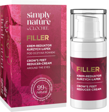 Krem Clochee Simply Nature Filler na kurze łapki. Różowo-srebrna butelka z pompką obok pudełka, przód.