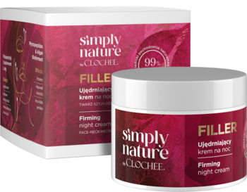 Ujędrniający krem na noc Clochee Simply Nature Filler w białym słoiczku z bordową etykietą i pudełkiem, ukosny widok.