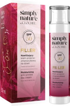 Clochee Simply Nature Filler nawilżający krem na dzień SPF 50, różowe pudełko i biała butelka, widok z przodu.