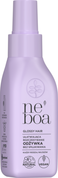 Front butelki Neboa Glossy Hair, fioletowej odżywki w sprayu ułatwiającej rozczesywanie, 96% naturalna.