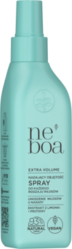 Miętowy Neboa Extra Volume Spray do włosów, 93% naturalny, wegański, butelka z atomizerem, widok z przodu.