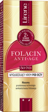 Lirene Folacin Anti-Age wygładzający krem pod oczy 50-70+ z kwasem hialuronowym, w złotym pudełku, widok z przodu.