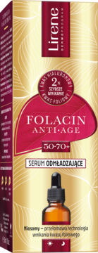 Serum odmładzające Lirene Folacin Anti-age 50-70+ w złotym pudełku z kwasem foliowym, widok z przodu.