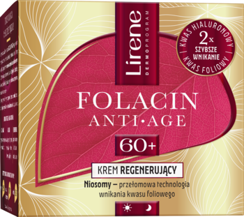 Złoto-bordowe pudełko Lirene Folacin Anti-Age 60+ Regenerujący krem z kwasem foliowym, widok z przodu.