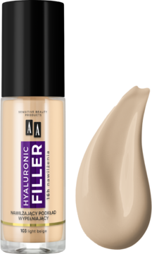 Nawilżający podkład wypełniający AA Hyaluronic Filler 103 Light Beige w butelce obok beżowej próbki.