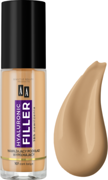 Podkład wypełniający zmarszczki AA Hyaluronic Filler 107 Dark Beige w butelce, obok próbka koloru.