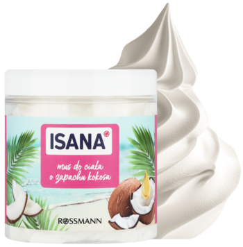 Isana mus do ciała kokosowy w białym słoiku z różową etykietą i palmami. Widok z przodu, obok kremowa spirala.