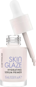 Catrice Skin Glaze Hydrating Serum Primer w szklanej butelce z jasnym płynem i otwartym kroplomierzem.