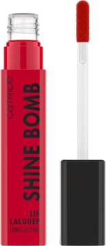 Czerwony lakier do ust Catrice Shine Bomb 040, błyszczący, z wyjętym aplikatorem, widok z przodu.