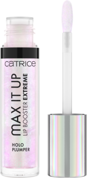 Catrice Max It Up Lip Booster Extreme 050, iridescent holographic lip gloss in clear tube, applicator visible.