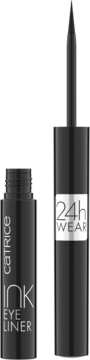 Czarny eyeliner Catrice Ink, otwarta buteleczka i aplikator z napisem 24h wear, widok z przodu.