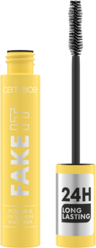 Żółty tusz Catrice FAKE IT Volume & False Lash Mascara 24H Long Lasting, z wyjętą czarną szczoteczką.