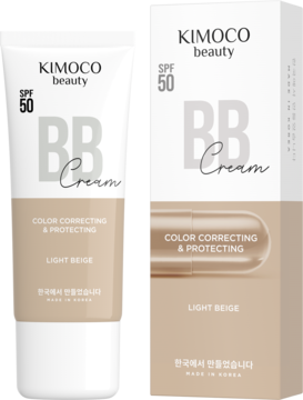 KIMOCO beauty BB Cream SPF 50 w białej tubce i beżowym opakowaniu, przód produktu i pudełka.