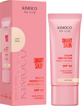 Krem BB KIMOCO Smart Skin Color Perfector Moisturizer SPF 50 Light Beige, różowa tubka obok pudełka.