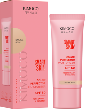 Różowy krem BB KIMOCO Smart Skin Color Perfector SPF 50, tuba i pudełko, odcień Natural Beige.