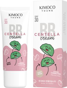Kimoco Young BB Centella Cream SPF 30, biała tubka i pudełko obok siebie z różowym motywem liści Centella.