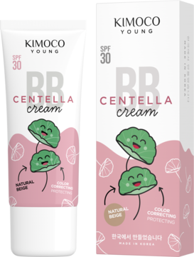 Kimoco Young BB Centella Cream SPF 30 w białej tubce i pudełku z różowymi liśćmi centelli, widok z przodu.