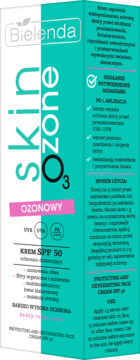 Niebiesko-biały karton kremu Bielenda Skin O3zone SPF 50, ozonowy krem do twarzy, widok z przodu.