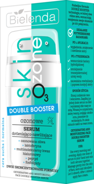 Front pudełka serum Bielenda Skin O3zone Double Booster, ozonowe, dotleniająco-nawilżające dla cery suchej.