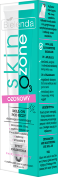 Bielenda Skin O3 Zone roll-on pod oczy, biała tubka w niebieskim pudełku, dotleniająco-nawilżający, widok z przodu.
