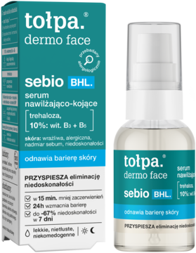 Tołpa Dermo Face Sebio BHL serum nawilżająco-kojące dla skóry trądzikowej, białe opakowanie i butelka z pompką.