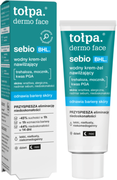 tołpa. dermo face sebio BHL wodny krem-żel nawilżający. Turkusowe pudełko i tuba, widok z przodu.